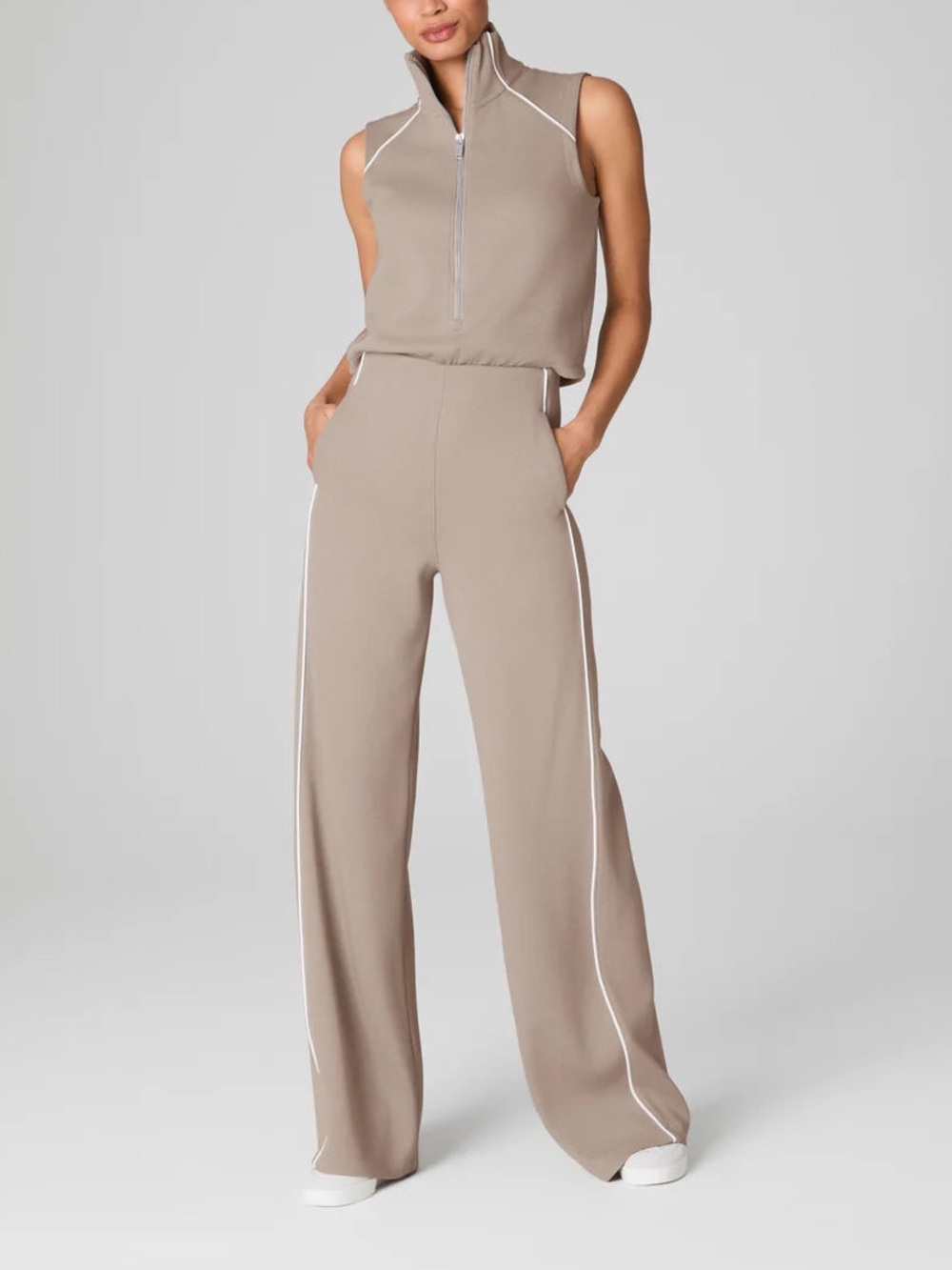 SPANX Taupe Sleeveless Zip-Front Jumpsuit with White Piping